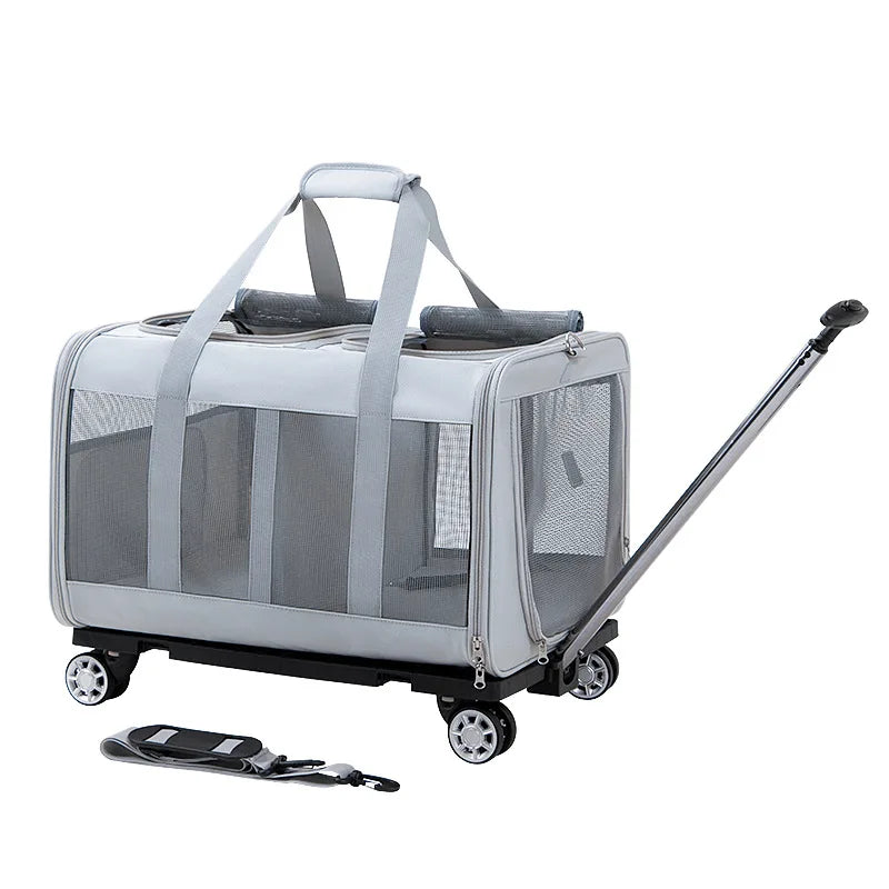 Airline Approved Rolling Dog Carrier with Wheels in light gray, featuring mesh panels, durable handles, and a retractable handle for easy mobility, designed for convenient airline travel. Travel Confidently. Fly Ready. Stay Rover Ready.