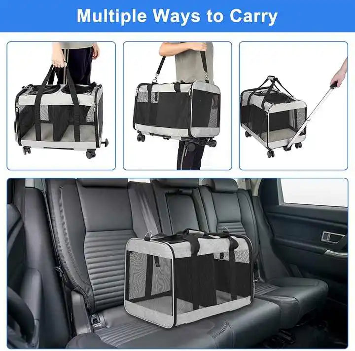 Pet carrier shown in various carrying methods including on wheels, over shoulder, and inside a car.