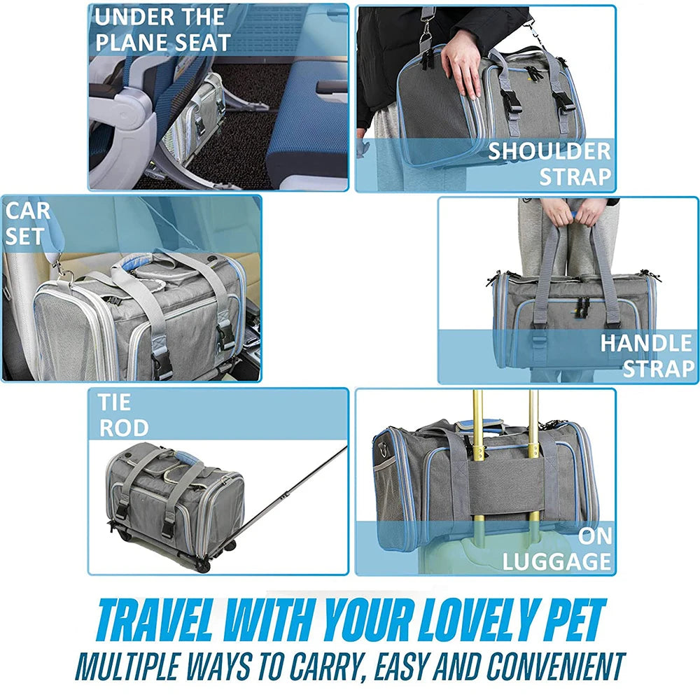 Collage of a gray pet carrier with various usage scenarios and features.