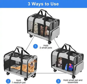 Pet carrier with illustrations showing three ways to use it for different pets.