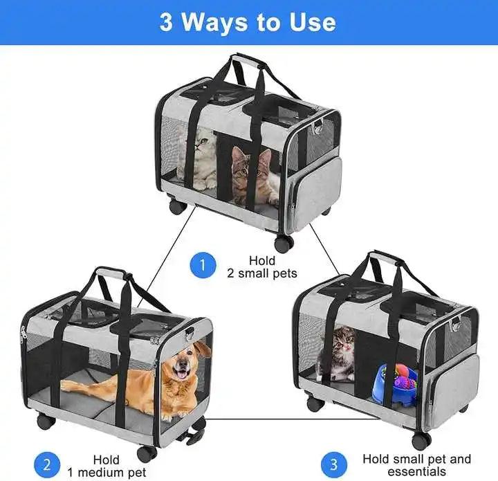 Pet carrier with illustrations showing three ways to use it for different pets.