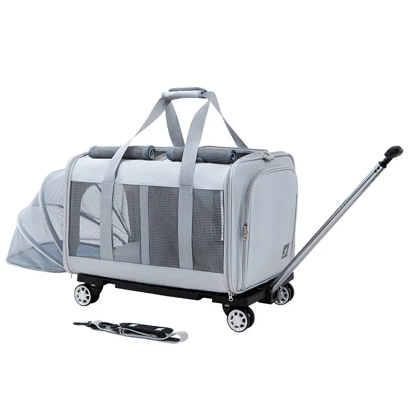 Airline Approved Rolling Dog Carrier with Wheels designed for dogs, featuring breathable mesh sides, sturdy handles, and a retractable pull handle for easy travel.