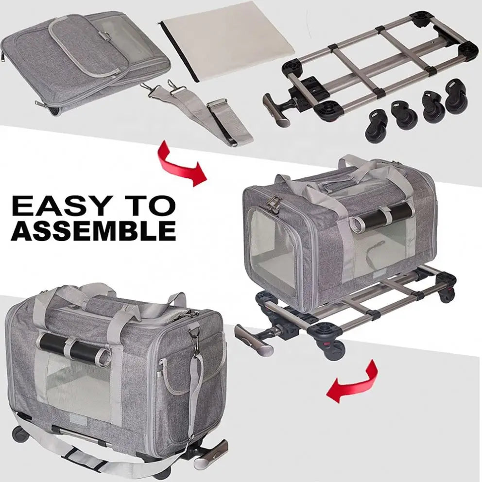 Gray pet carrier with assembly parts on a white background
