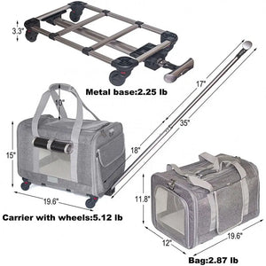 Dimensions and weight information of a pet carrier with wheels and a separate bag.