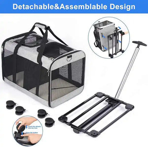 Pet carrier with detachable wheels and assembly instructions on a white background