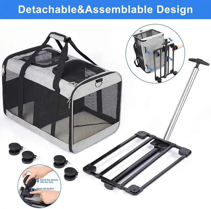 Pet carrier with detachable wheels and assembly instructions on a white background