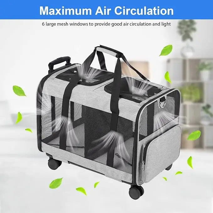 Pet carrier with mesh windows and wheels on a white background