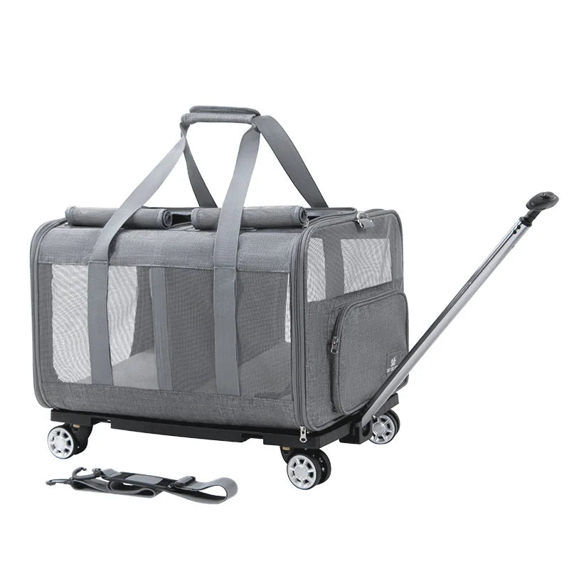 Airline Approved Rolling Dog Carrier with Wheels in gray fabric and mesh panels, featuring a retractable handle and detachable shoulder strap for convenient dog travel gear. Travel Confidently. Fly Ready. Stay Rover Ready.