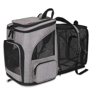 Expandable Dog Carrier Backpack for Travel & Hands-Free Comfort in gray fabric with mesh ventilation panels, designed as airline approved dog carrier for stress-free pet travel.