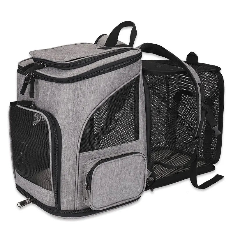 Expandable Dog Carrier Backpack for Travel & Hands-Free Comfort in gray fabric with mesh ventilation panels, designed as airline approved dog carrier for stress-free pet travel.