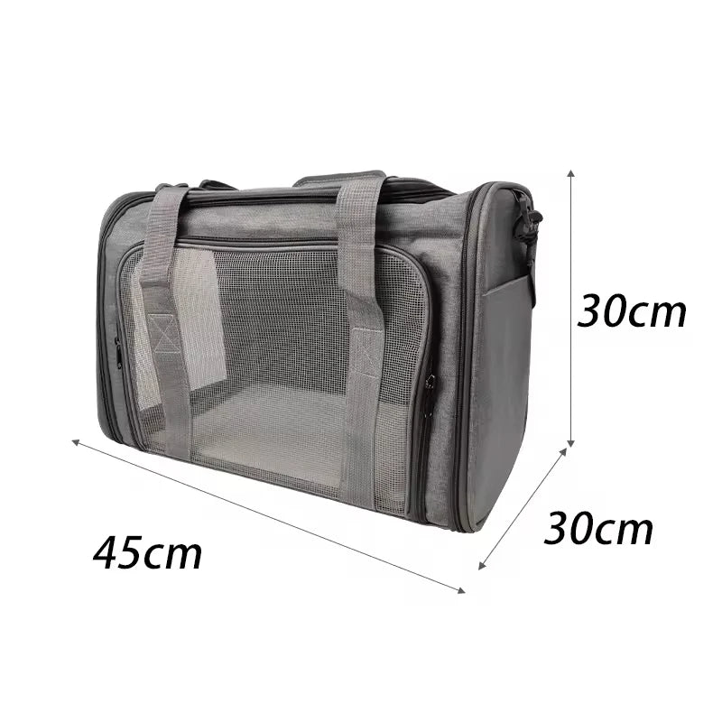 Large Capacity Airline Approved Dog Carrier for Travel in gray fabric with mesh ventilation panels, designed with handles for easy carrying and airline-fit guidance for stress-free dog travel. Travel Confidently. Fly Ready. Stay Rover Ready.