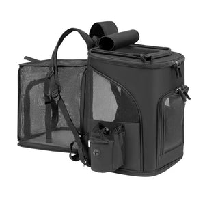 Expandable Dog Carrier Backpack for Travel & Hands-Free Comfort in black, featuring mesh ventilation panels, multiple zippered compartments, and padded shoulder straps for convenient, airline-approved dog travel gear. Travel Confidently. Fly Ready. Stay Rover Ready.