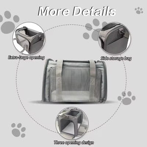 Large Capacity Airline Approved Dog Carrier for Travel shown with features including extra-large opening, side storage bag, and three-opening design for convenient, airline-fit pet travel gear. Travel Confidently. Fly Ready. Stay Rover Ready.