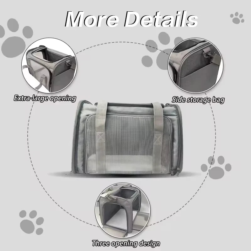 Large Capacity Airline Approved Dog Carrier for Travel shown with features including extra-large opening, side storage bag, and three-opening design for convenient, airline-fit pet travel gear. Travel Confidently. Fly Ready. Stay Rover Ready.