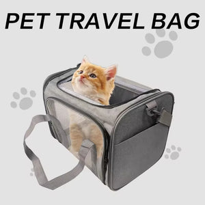 Cat inside a gray Large Capacity Airline Approved Dog Carrier for Travel with mesh windows and adjustable shoulder straps, designed for airline-approved pet travel gear, travel confidently, fly ready, stay rover ready.