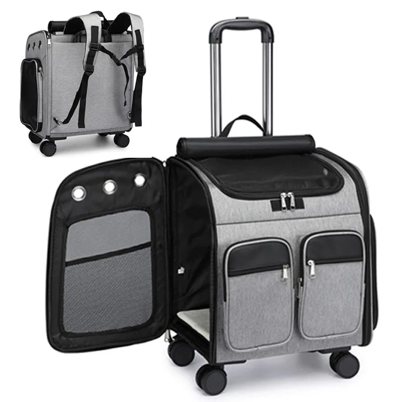 Gray pet carrier with wheels on a white background