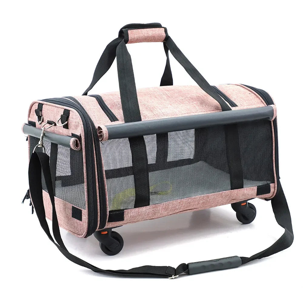Pet carrier with wheels on a white background