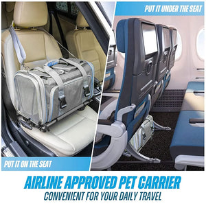 Airline approved pet carrier shown in a car and airplane interior.