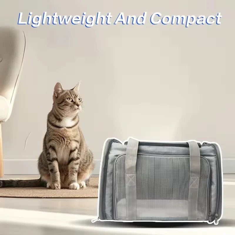 Large Capacity Airline Approved Dog Carrier for Travel in light gray with mesh panels, designed for cats and dogs, emphasizing lightweight and compact airline-fit travel gear.