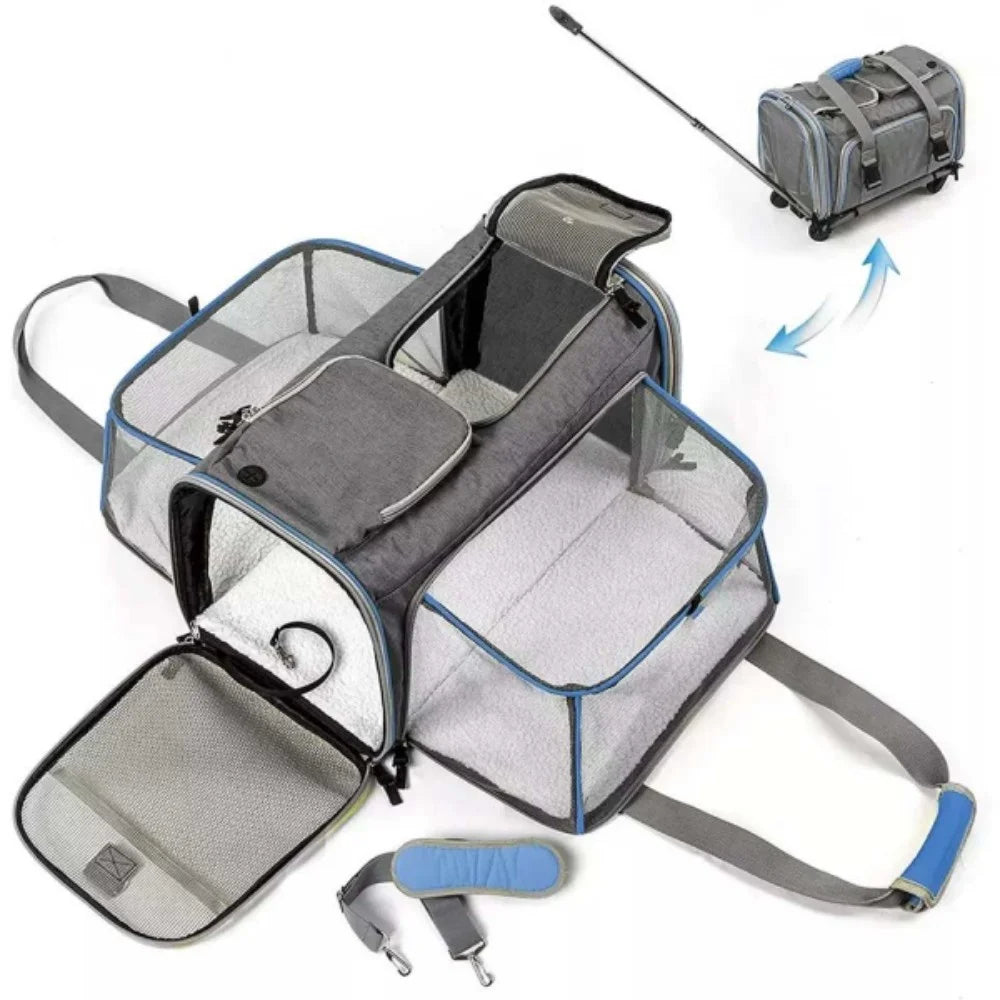 Portable pet carrier with a guitar inside, showing different angles on a white background.