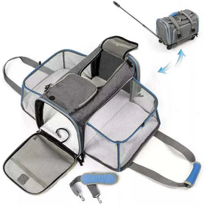Portable pet carrier with a guitar inside, showing different angles on a white background.