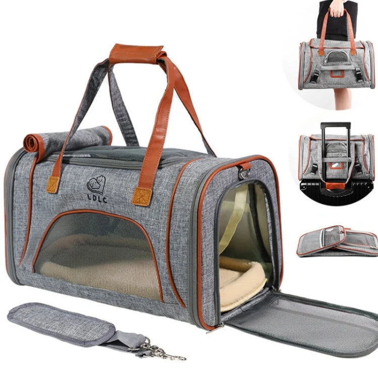 Pet carrier with brown accents and a visible brand logo on a white background