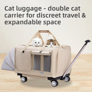 Airline Approved Rolling Dog Carrier with Wheels shown in beige with expandable design, sturdy handle, and smooth wheels for convenient dog travel gear, Travel Confidently. Fly Ready. Stay Rover Ready.