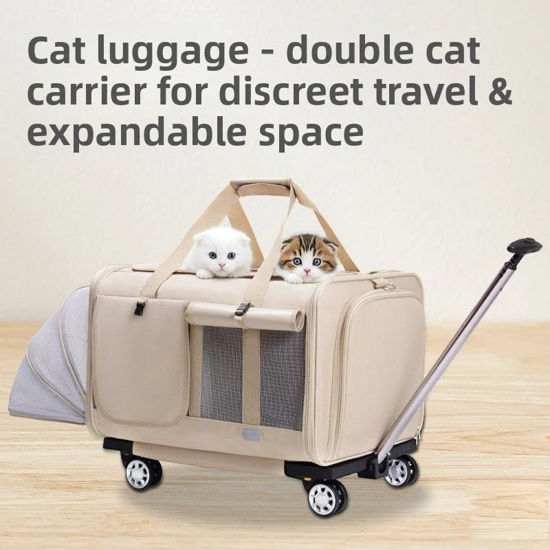 Airline Approved Rolling Dog Carrier with Wheels shown in beige with expandable design, sturdy handle, and smooth wheels for convenient dog travel gear, Travel Confidently. Fly Ready. Stay Rover Ready.