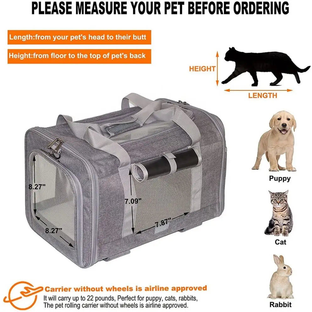 Pet carrier with measurement guide for pets, including a cat, dog, and rabbit, on a white background.