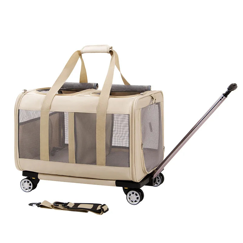 Airline Approved Rolling Dog Carrier with Wheels in beige fabric with mesh sides, featuring a telescoping handle and detachable shoulder strap for convenient dog travel gear. Travel Confidently. Fly Ready. Stay Rover Ready.