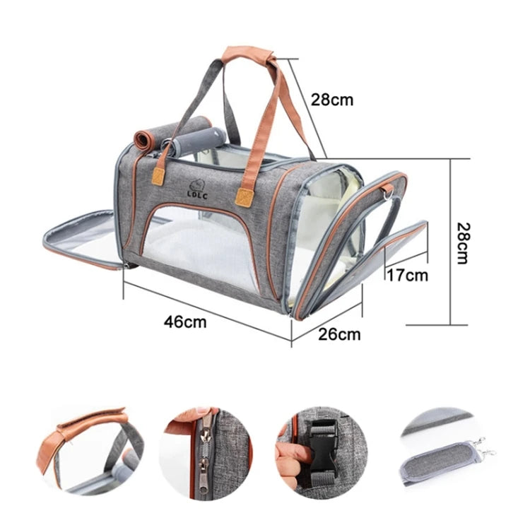 Pet carrier with dimensions and features on a white background