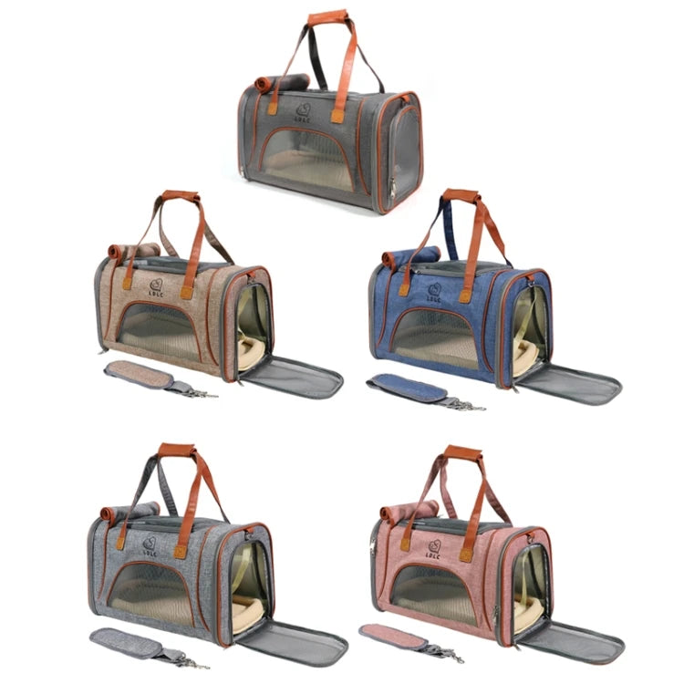 Set of five pet carriers in different colors on a white background
