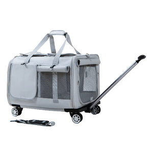 Airline Approved Rolling Dog Carrier with Wheels in light gray, featuring mesh ventilation panels, retractable handle, and wheels for easy dog travel. Travel Confidently. Fly Ready. Stay Rover Ready.