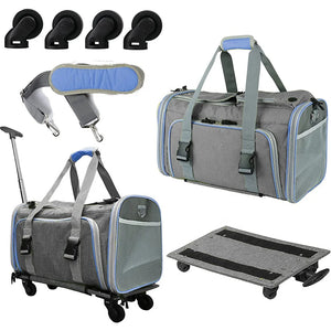 Gray pet carrier with wheels, blue accents, and a dolly on a white background.