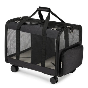 Black pet carrier with wheels on a white background