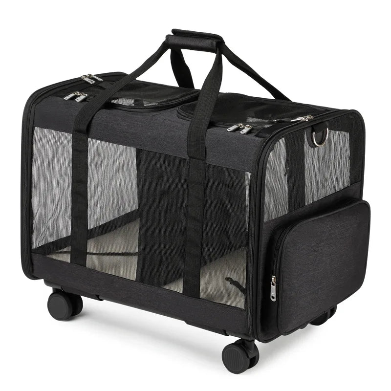 Black pet carrier with wheels on a white background