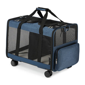 Blue pet carrier with wheels on a white background