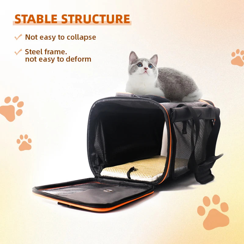 Pet carrier with a cat inside, featuring text about its stable structure.