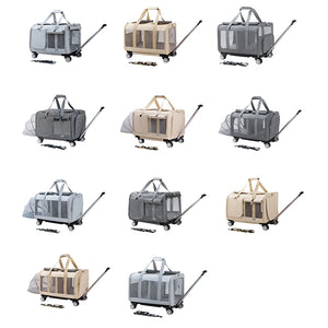 Collection of Airline Approved Rolling Dog Carrier with Wheels in various neutral colors, featuring mesh ventilation panels, sturdy handles, and retractable wheels for easy transport. Travel Confidently. Fly Ready. Stay Rover Ready.