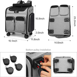 Gray and black suitcase with measurements and wheel installation details.