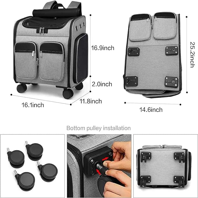 Gray and black suitcase with measurements and wheel installation details.