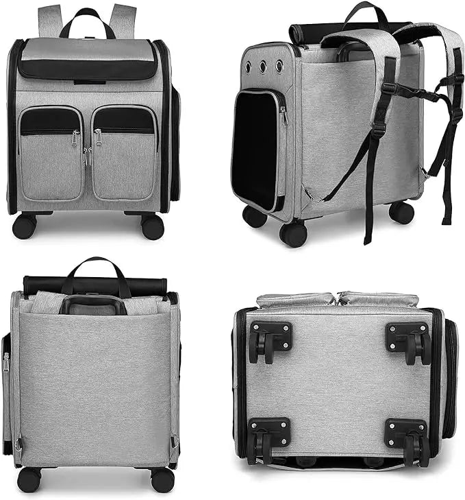 Multifunctional travel bag with suitcase, backpack, and pet carrier features.