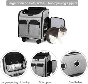 Pet carrier with large open sides and anti-opening zippers, featuring a cat inside.