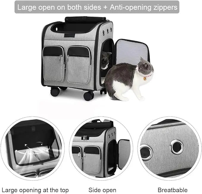 Pet carrier with large open sides and anti-opening zippers, featuring a cat inside.