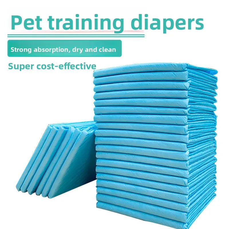 Stack of blue pet training diapers with text highlighting features on a white background